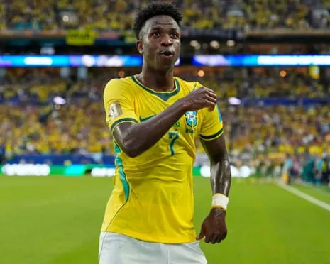 Brazil's Vinícius Júnior celebrates after scoring his side's second goal against Scotland
