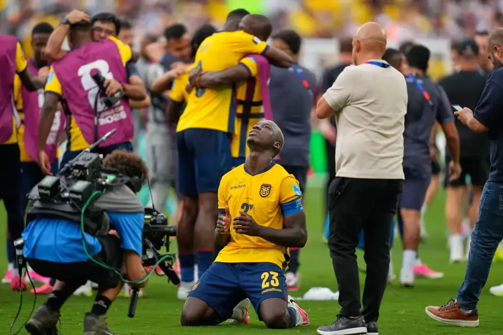 Ecuador's Moises Caicedo celebrates at the end of the World Cup Group E soccer match against Germany in East Rutherford, N.J., near New York, Thursday, June 25, 2026. (AP Photo/Yuki Iwamura)